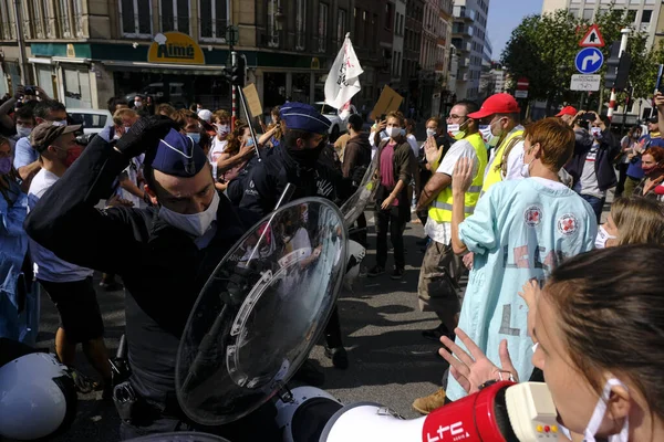 Manifestants Conflit Avec Police Lors Une Manifestation Secteur Santé Bruxelles — Photo