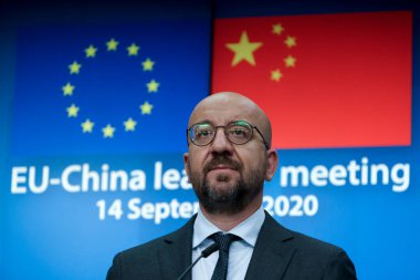 EU Commission President Ursula von der Leyen and EU Council President Charles Michel hold a news conference after a summit with China's President Xi Jinping, in Brussels, Belgium, 14 September 2020. clipart
