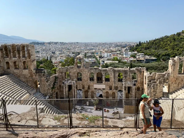 Los Turistas Visitan Odeón Herodes Atticus Atenas Grecia Agosto 2020 — Foto de Stock