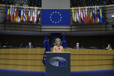 European Commission President Ursula von der Leyen addresses the plenary during her first State of the Union speech at the European Parliament in Brussels,Belgium on Sept. 16, 2020. clipart