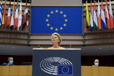 Avrupa Komisyonu Başkanı Ursula von der Leyen, Belçika 'nın Brüksel kentinde 16 Eylül 2020 tarihinde düzenlenen Avrupa Parlamentosu' nda yaptığı ilk konuşmada genel kuruma hitaben bir konuşma yaptı..
