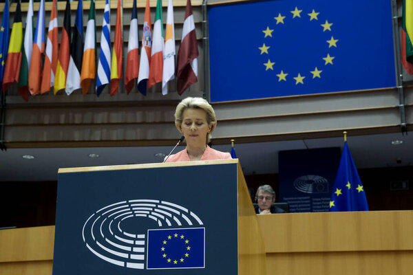 European Commission President Ursula von der Leyen addresses the plenary during her first State of the Union speech at the European Parliament in Brussels,Belgium on Sept. 16, 2020.