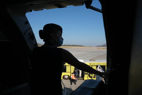 Woman Air Hostess Flight Attendant Boarding Plane Standing Plane Macedonia — Stock Photo, Image