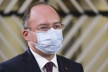 Brüksel, Belçika. 21 Eylül 2020. Romanya Dışişleri Bakanı Bogdan Aurescu, AB dışişleri bakanlarının Avrupa Konseyi binasına yaptıkları toplantıya katılmak üzere geldi.