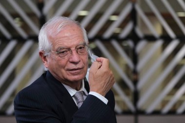 Brüksel, Belçika. 21 Eylül 2020. Avrupa Dışişleri Yüksek Temsilcisi Josep Borrell, AB dışişleri bakanlarının Avrupa Konseyi binasına yaptıkları toplantıya katılmak üzere geldi.
