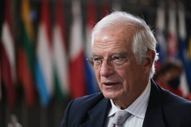 Brüksel, Belçika. 21 Eylül 2020. Avrupa Dışişleri Yüksek Temsilcisi Josep Borrell, AB dışişleri bakanlarının Avrupa Konseyi binasına yaptıkları toplantıya katılmak üzere geldi.