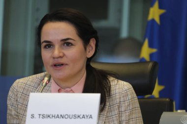 Brüksel, Belçika. 21 Eylül 2020. Beyaz Rusya muhalefet lideri Svetlana Tikhanovskaya Avrupa Parlamentosu 'nda milletvekillerine seslendi