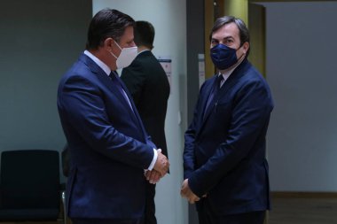 Brüksel, Belçika. 22 Eylül 2020. İtalya 'nın Avrupa Genel İşler Bakanı Enzo Amendola, Avrupa Genel İşler Konseyi' ne katılmak üzere geliyor..