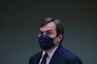 Brüksel, Belçika. 22 Eylül 2020. İtalya 'nın Avrupa Genel İşler Bakanı Enzo Amendola, Avrupa Genel İşler Konseyi' ne katılmak üzere geliyor..