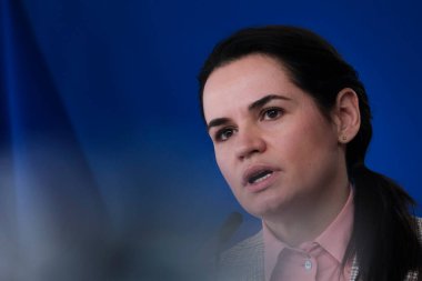 Brüksel, Belçika. 21 Eylül 2020. Beyaz Rusya muhalefet lideri Svetlana Tikhanovskaya ve Avrupa Parlamentosu Başkanı David Sassoli basın toplantısına katıldılar.  