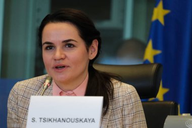 Brüksel, Belçika. 21 Eylül 2020. Beyaz Rusya muhalefet lideri Svetlana Tikhanovskaya Avrupa Parlamentosu 'nda milletvekillerine seslendi