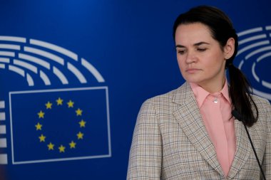 Beyaz Rusya muhalefet lideri Sviatlana Tsikhanouskaya, 21 Eylül 2020 'de Belçika' nın Brüksel kentindeki Avrupa Parlamentosu 'nda Beyaz Rusya' daki siyasi durumla ilgili toplantıya katıldı..