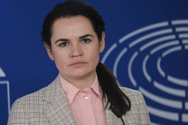 Beyaz Rusya muhalefet lideri Sviatlana Tsikhanouskaya, 21 Eylül 2020 'de Belçika' nın Brüksel kentindeki Avrupa Parlamentosu 'nda Beyaz Rusya' daki siyasi durumla ilgili toplantıya katıldı..