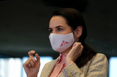 Beyaz Rusya muhalefet lideri Sviatlana Tsikhanouskaya, 21 Eylül 2020 'de Belçika' nın Brüksel kentindeki Avrupa Parlamentosu 'nda Beyaz Rusya' daki siyasi durumla ilgili toplantıya katıldı..