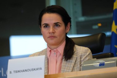 Beyaz Rusya muhalefet lideri Sviatlana Tsikhanouskaya, 21 Eylül 2020 'de Belçika' nın Brüksel kentindeki Avrupa Parlamentosu 'nda Beyaz Rusya' daki siyasi durumla ilgili toplantıya katıldı..