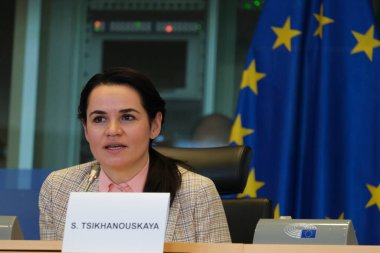 Beyaz Rusya muhalefet lideri Sviatlana Tsikhanouskaya, 21 Eylül 2020 'de Belçika' nın Brüksel kentindeki Avrupa Parlamentosu 'nda Beyaz Rusya' daki siyasi durumla ilgili toplantıya katıldı..