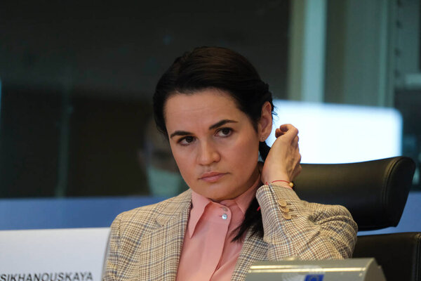 Belarusian opposition leader Sviatlana Tsikhanouskaya attends in meeting about the political situation in Belarus, in  European Parliament in Brussels, Belgium, 21 September 2020.