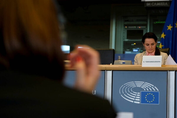 Belarusian opposition leader Sviatlana Tsikhanouskaya attends in meeting about the political situation in Belarus, in  European Parliament in Brussels, Belgium, 21 September 2020.