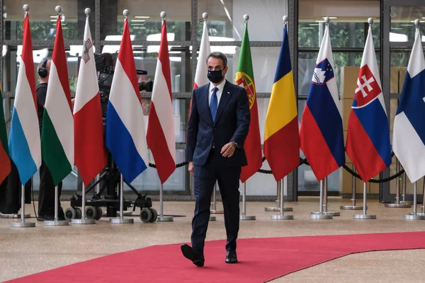 Прем Міністр Греції Кіріакос Міцотакіс Прибуває Перший Саміт Після Хвороби — стокове фото
