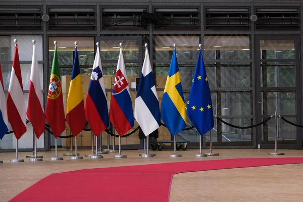 Bandeiras Dos Membros Europa Edifício Conselho Bruxelas Bélgica Julho 2020 — Fotografia de Stock