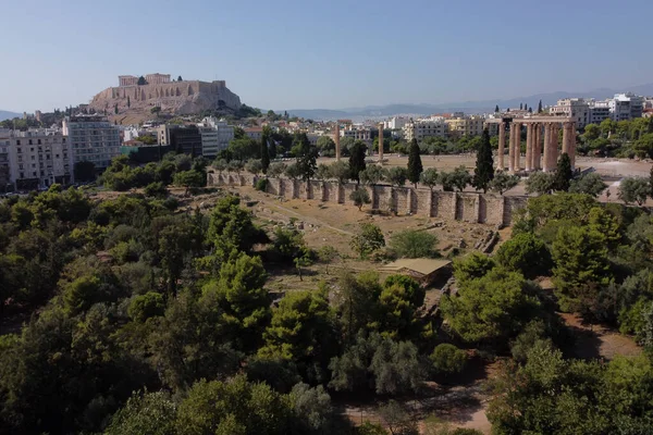 Flygfoto Över Akropolis Och Ruinerna Templet Olympian Zeus Aten Grekland — Stockfoto