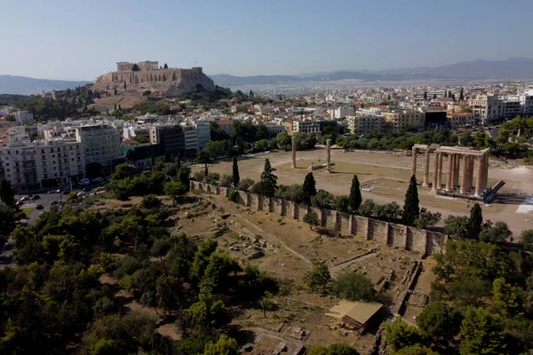 Flygfoto Över Akropolis Och Ruinerna Templet Olympian Zeus Aten Grekland — Stockfoto