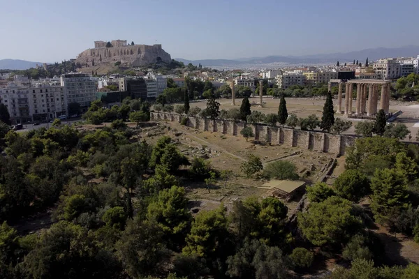 Flygfoto Över Akropolis Och Ruinerna Templet Olympian Zeus Aten Grekland — Stockfoto