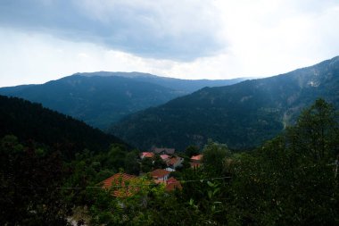 Lefka ya da Paloukova köyünün havadan görünüşü, Yunanistan 'da 2 Ağustos 2020 tarihinde köknar ağaçlarından oluşan bir orman arasında, güzel bir doğal ortamda inşa edilmiş bir köydür.