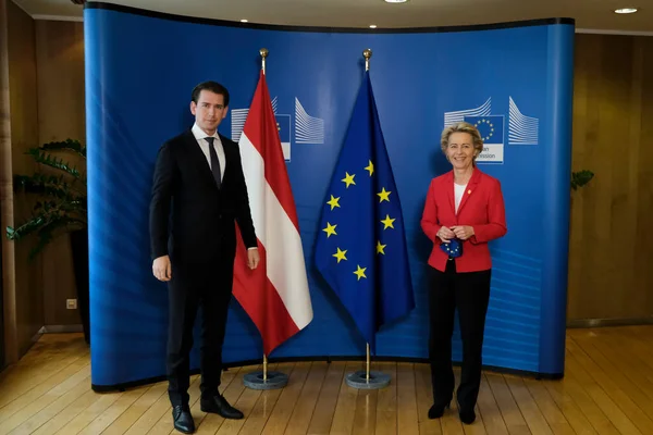 Austriacki Kanclerz Sebastian Kurz Przewodniczącą Komisji Europejskiej Urszulą Von Der — Zdjęcie stockowe