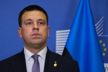 Estonya Başbakanı Juri Ratas, Belçika 'nın Brüksel kentinde 2 Ekim 2020 tarihinde düzenlediği basın toplantısında,.