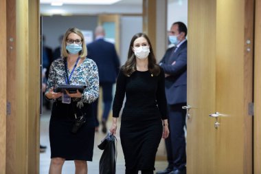 Finlandiya Başbakanı Sanna Marin, Avrupa Birliği (AB) özel zirvesinin ikinci günü için 2 Ekim 2020 'de Brüksel, Belçika' ya geldi.. 