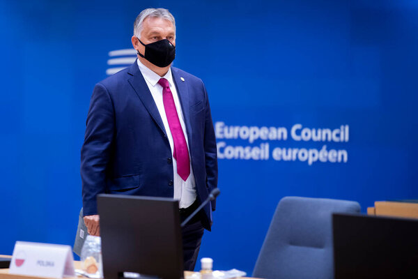 Hungary's Prime Minister Viktor Orban arrives for the second day meeting of the European Union (EU) special summit in Brussels, Belgium, on Oct. 2, 2020. 