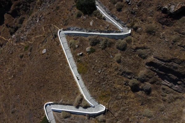 Aerial View Path Leading Cliff Port Village Thirasia Greece August — Stock Photo, Image