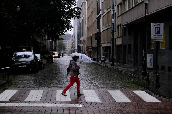 Ludzie Bronią Się Parasolami Podczas Obfitych Opadów Deszczu Brukseli Belgia — Zdjęcie stockowe