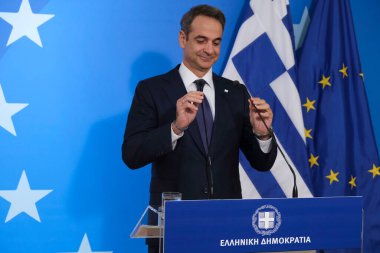 Yunanistan Başbakanı Kyriakos Mitsotakis, 16 Ekim 2020 'de Belçika' nın Brüksel kentinde düzenlenen iki günlük Avrupa Birliği zirvesi sonunda basına konuştu..