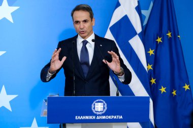 Yunanistan Başbakanı Kyriakos Mitsotakis, 16 Ekim 2020 'de Belçika' nın Brüksel kentinde düzenlenen iki günlük Avrupa Birliği zirvesi sonunda basına konuştu..