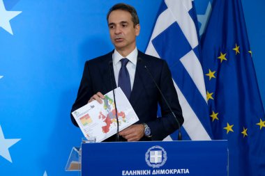 Yunanistan Başbakanı Kyriakos Mitsotakis, 16 Ekim 2020 'de Belçika' nın Brüksel kentinde düzenlenen iki günlük Avrupa Birliği zirvesi sonunda basına konuştu..