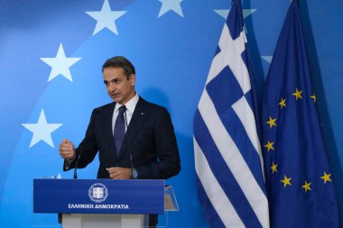 Yunanistan Başbakanı Kyriakos Mitsotakis, 16 Ekim 2020 'de Belçika' nın Brüksel kentinde düzenlenen iki günlük Avrupa Birliği zirvesi sonunda basına konuştu..