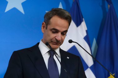 Yunanistan Başbakanı Kyriakos Mitsotakis, 16 Ekim 2020 'de Belçika' nın Brüksel kentinde düzenlenen iki günlük Avrupa Birliği zirvesi sonunda basına konuştu..