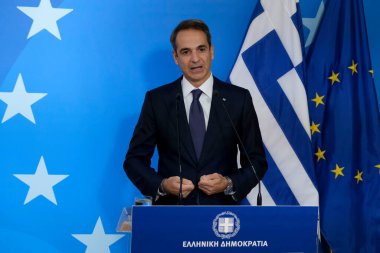 Yunanistan Başbakanı Kyriakos Mitsotakis, 16 Ekim 2020 'de Belçika' nın Brüksel kentinde düzenlenen iki günlük Avrupa Birliği zirvesi sonunda basına konuştu..