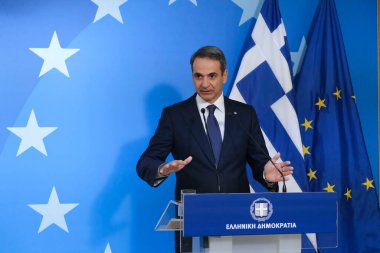 Yunanistan Başbakanı Kyriakos Mitsotakis, 16 Ekim 2020 'de Belçika' nın Brüksel kentinde düzenlenen iki günlük Avrupa Birliği zirvesi sonunda basına konuştu..