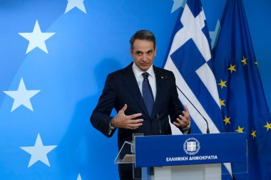 Yunanistan Başbakanı Kyriakos Mitsotakis, 16 Ekim 2020 'de Belçika' nın Brüksel kentinde düzenlenen iki günlük Avrupa Birliği zirvesi sonunda basına konuştu..