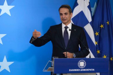 Yunanistan Başbakanı Kyriakos Mitsotakis, 16 Ekim 2020 'de Belçika' nın Brüksel kentinde düzenlenen iki günlük Avrupa Birliği zirvesi sonunda basına konuştu..