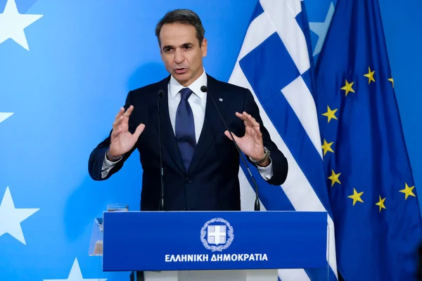 Primer Ministro Griego Kyriakos Mitsotakis Habla Los Medios Comunicación Concluir — Foto de Stock