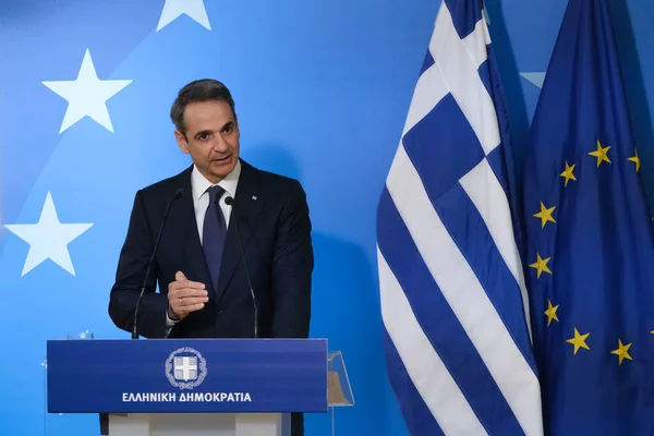 Прем Міністр Греції Кіріакос Міцотакіс Звернувся Засобів Масової Інформації Після — стокове фото
