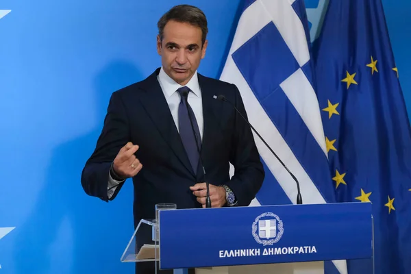 Primer Ministro Griego Kyriakos Mitsotakis Habla Los Medios Comunicación Concluir —  Fotos de Stock