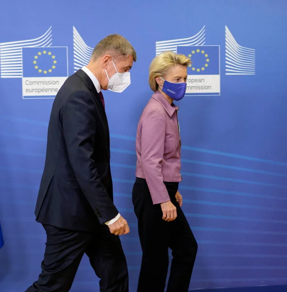 Czech Republic Prime Minister Andrej Babis Welcomed European Commission President — Stock Photo, Image