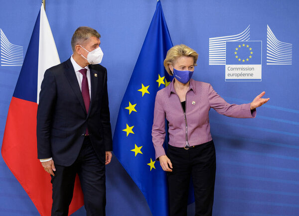Czech Republic's Prime Minister Andrej Babis is welcomed by European Commission President Ursula von der Leyen prior to a meeting at EU headquarters in Brussels, Belgium, Oct. 15, 2020