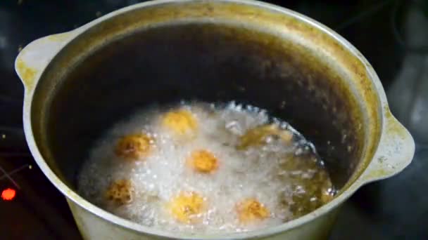 Cooking Fried Cheese Balls Cauldron Stirring Cheese Balls Periodically Take — Stock Video