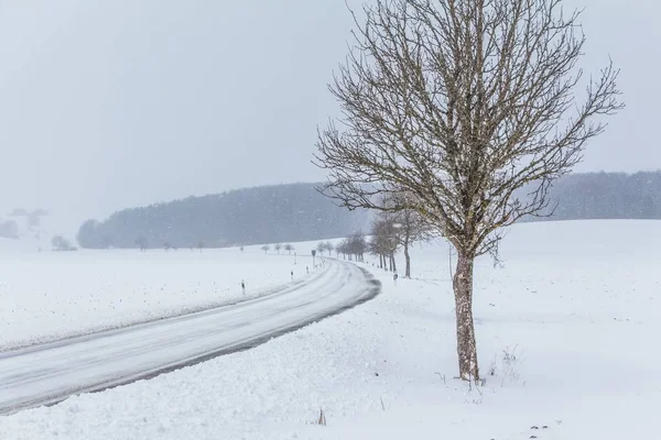 Tehlikeli boş karlı buzlu kış yol izlemek hiçbir trafik ile — Stok fotoğraf